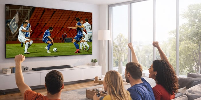 Grupo de amigos disfrutando un partido de fútbol en un televisor de pantalla grande en la sala de su hogar.