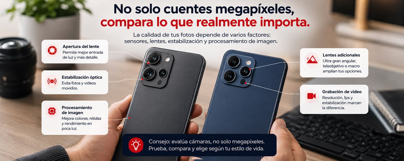 Comparación de características de cámaras de celulares como apertura, estabilización, procesamiento de imagen, lentes y grabación de video