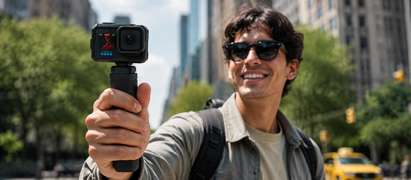 Creador de contenido utilizando una GoPro MISSION 1 PRO Grip Edition en exteriores