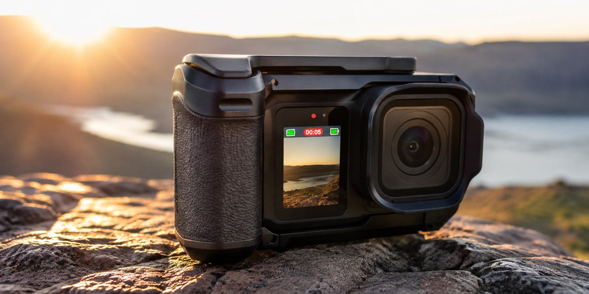 GoPro MISSION 1 PRO Grip Edition sobre una roca en un paisaje de montaña al atardecer