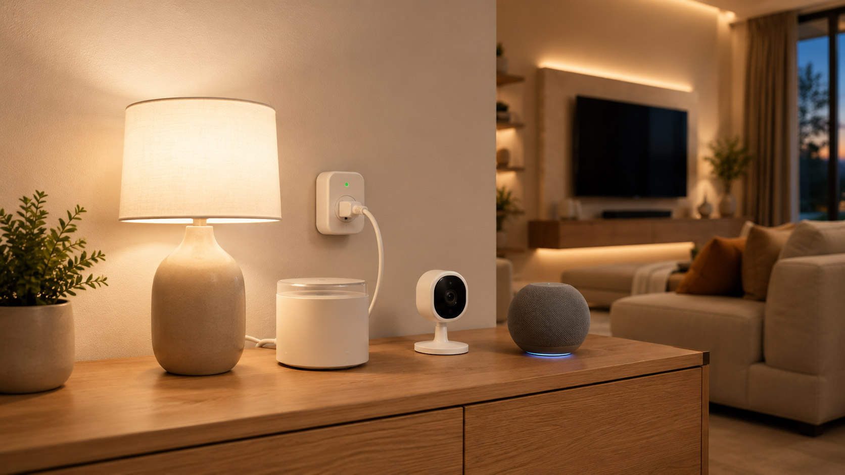 Dispositivos de hogar inteligente con cámara, asistente de voz y enchufe conectado