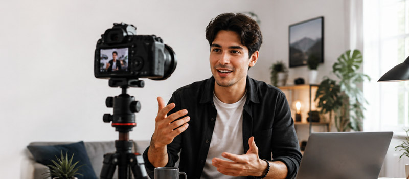 Creador de contenido grabando un vlog con cámara