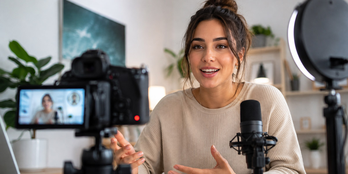 Creadora de contenido grabando un vlog frente a una cámara con micrófono y aro de luz.