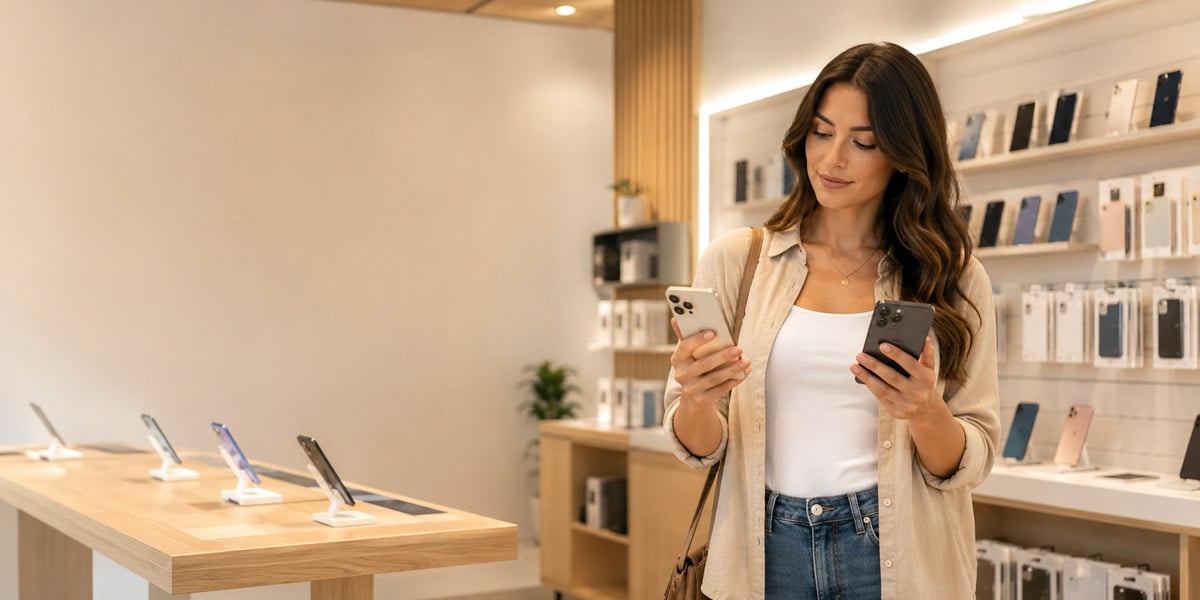 Persona comparando diferentes celulares en una tienda de tecnología