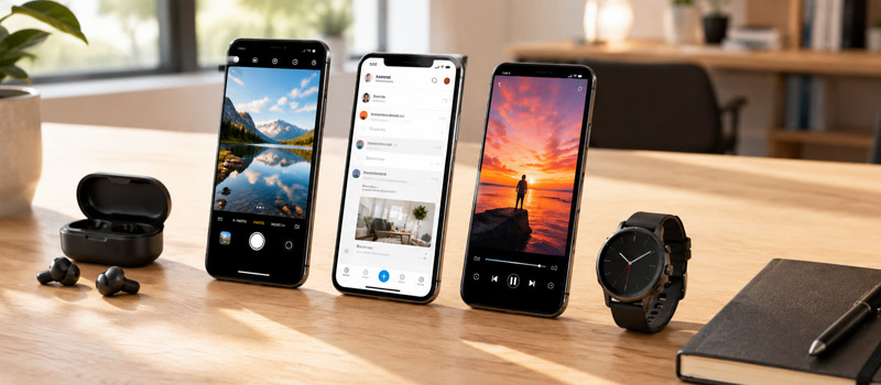 Celulares con diferentes funciones junto a audífonos y reloj inteligente en un escritorio moderno