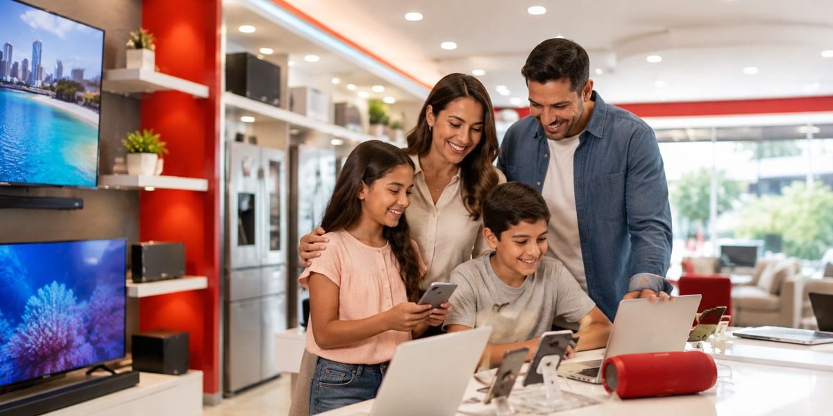 Familia explorando tecnología y dispositivos electrónicos en una tienda Panafoto en Panamá