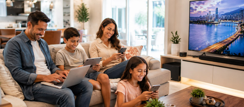 Familia disfrutando tecnología y dispositivos electrónicos en su hogar