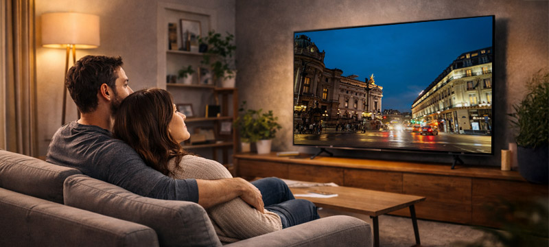 Personas disfrutando un televisor grande en casa